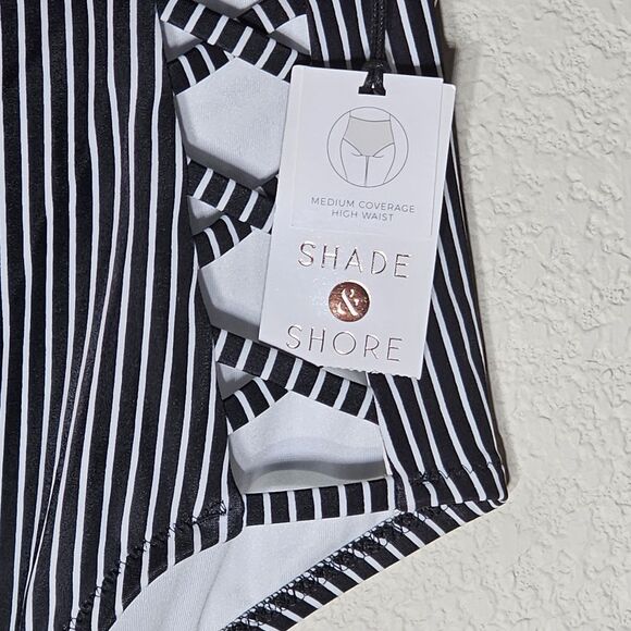 Shade & Shore Women Swim Bottoms Large Black & White Pin Stripped NWT - Picture 3 of 6